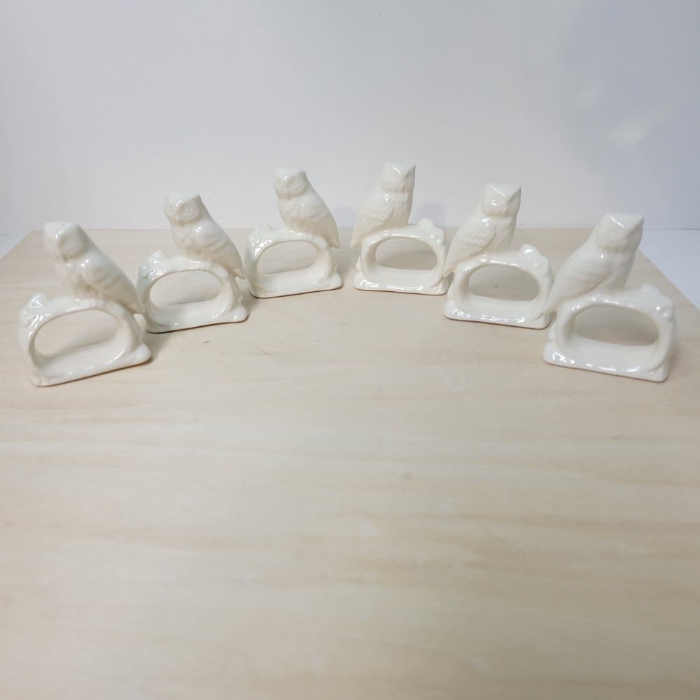 Vintage Ceramic Owl Napkin Rings Set of 6 White Bird Table Decor Dining